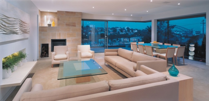 Touch Interiors by Bronwyn Poole Waverton project living room with view of Sydney harbour bridge