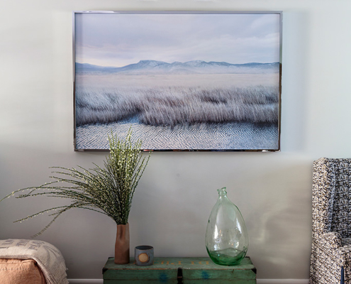 Framed photography of water with reeds