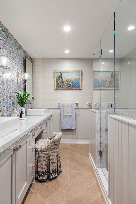 Bathroom remodel with gray and blue color scheme, Tabarka tiles, with wood look tile in diamond pattern