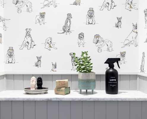 Anthropologie dog wallpaper with cute bathroom accessories
