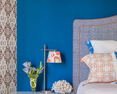Touch Interiors Bronte master bedroom with custom joinery and deep blue wall
