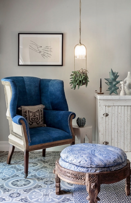Ralph Lauren wing back chair in denim with custom footstool made from vintage rice bowl